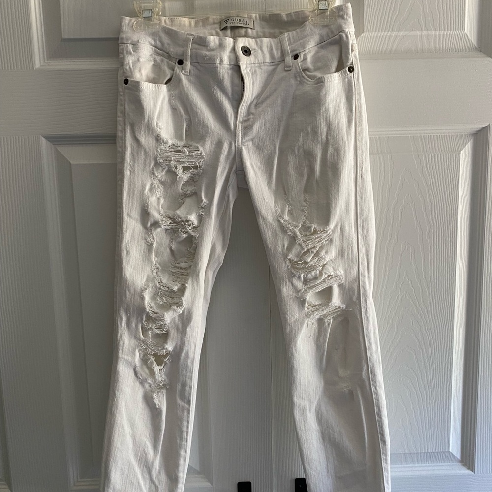 Distressed Guess Los Angeles White Denim Jeans Grunge Rock Chic Y2K